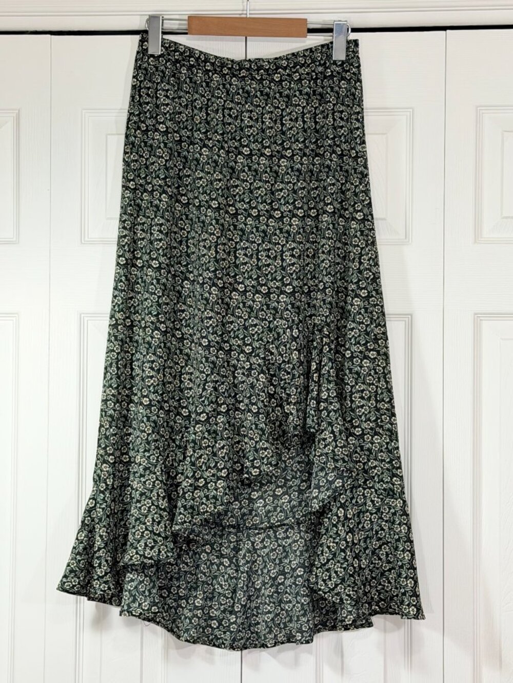 Max Studio Asymmetrical Floral Maxi Skirt — High-Low Cut & Cascade Ruffles